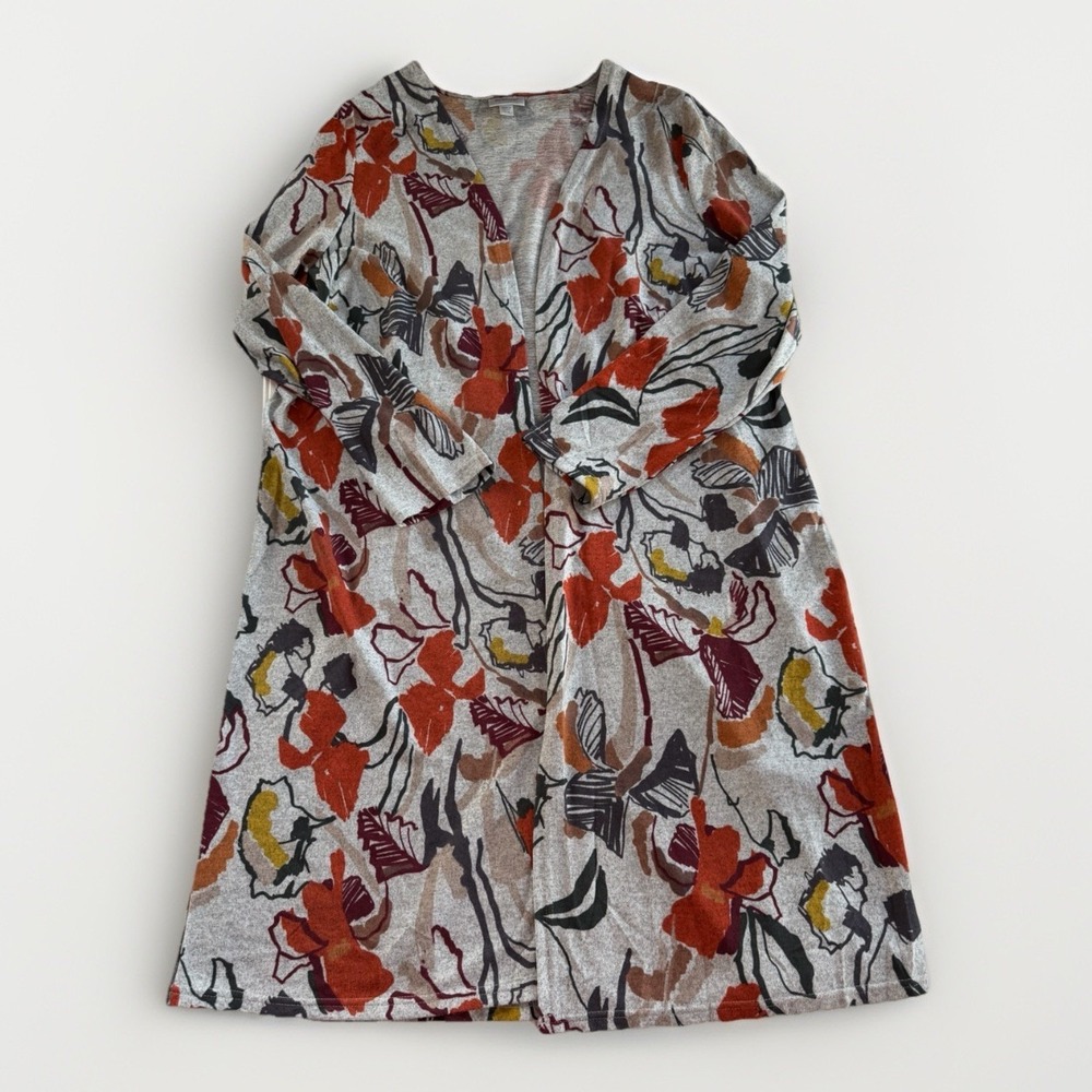 Avenue 14/16 Plus Size‎ Gray Floral Longline Open Front Duster Cardigan